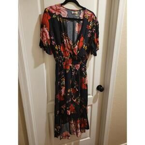 KorMei Maxi Faux Wrap Dress High Low Ruffle Black Floral Smocked Waist Boho XL